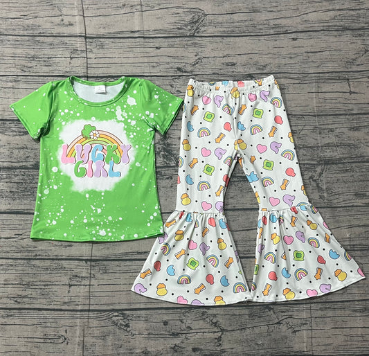 Sample GSPO2101 Cute Baby Girls Clover Lucky Girl Top Bell Bottom Pants St Patrick Clothes Sets