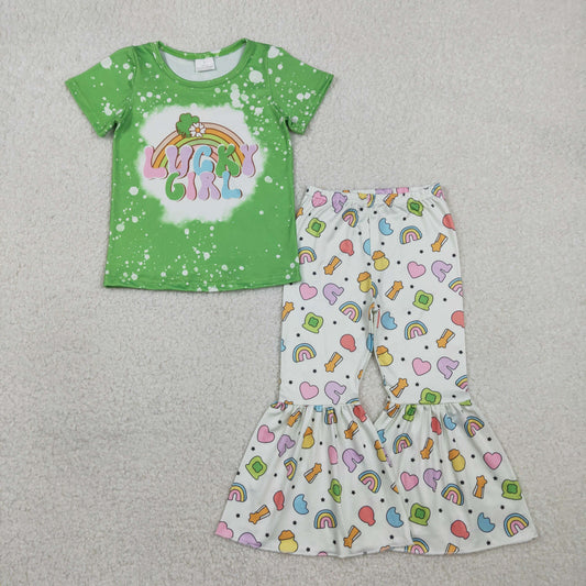 RTS GSPO2101 Kids Summer Top With Long Pants Baby Lucky Girl Clover Top Bell Bottom Pants St Patrick Clothes Sets