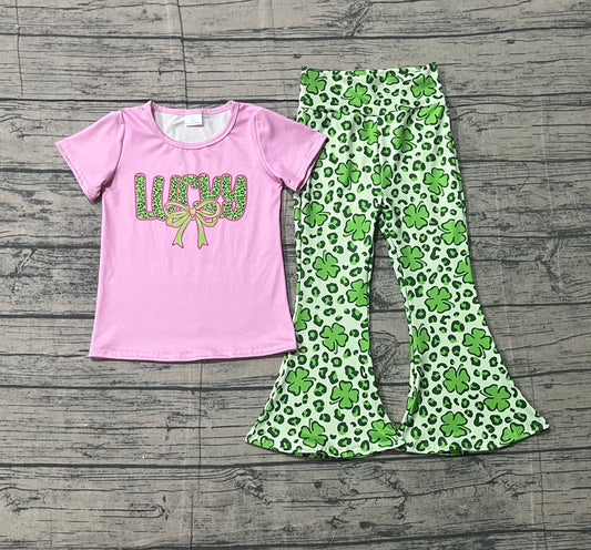 Sample GSPO2104 Cute Baby Girls Clovers Bows Lucky Top Bell Bottom Pants St Patrick Clothes Sets
