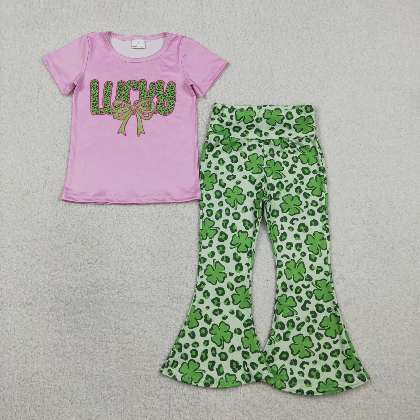 RTS GSPO2104 Kids Summer Top With Long Pants Baby Girls Clover Bow Lucky Top Bell Bottom Pants St Patrick Clothes Sets