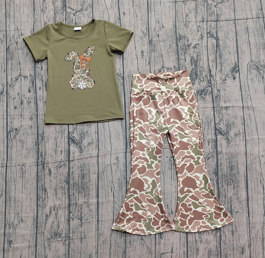 Sample GSPO2110 Cute Embroidery Camo Rabbit Baby Girls Shirt Top Bell Bottom Pants Easter Clothes Sets