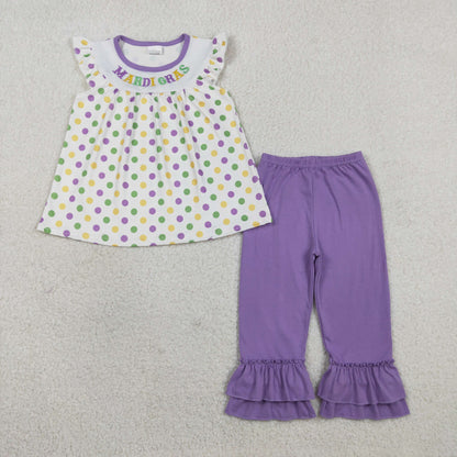 RTS GSPO2205 Embroidery Mardigras Baby Girls Polka Dots Tunic Ruffle Pants Clothes Sets