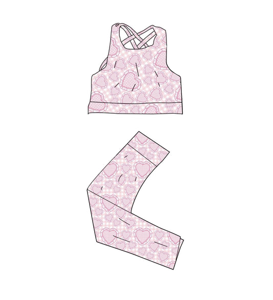 C12.5 GSPO2239 Baby Girls Pink Checked Bows Cherry Vests Leggings Valentines Yoga Clothes Sets Preorder