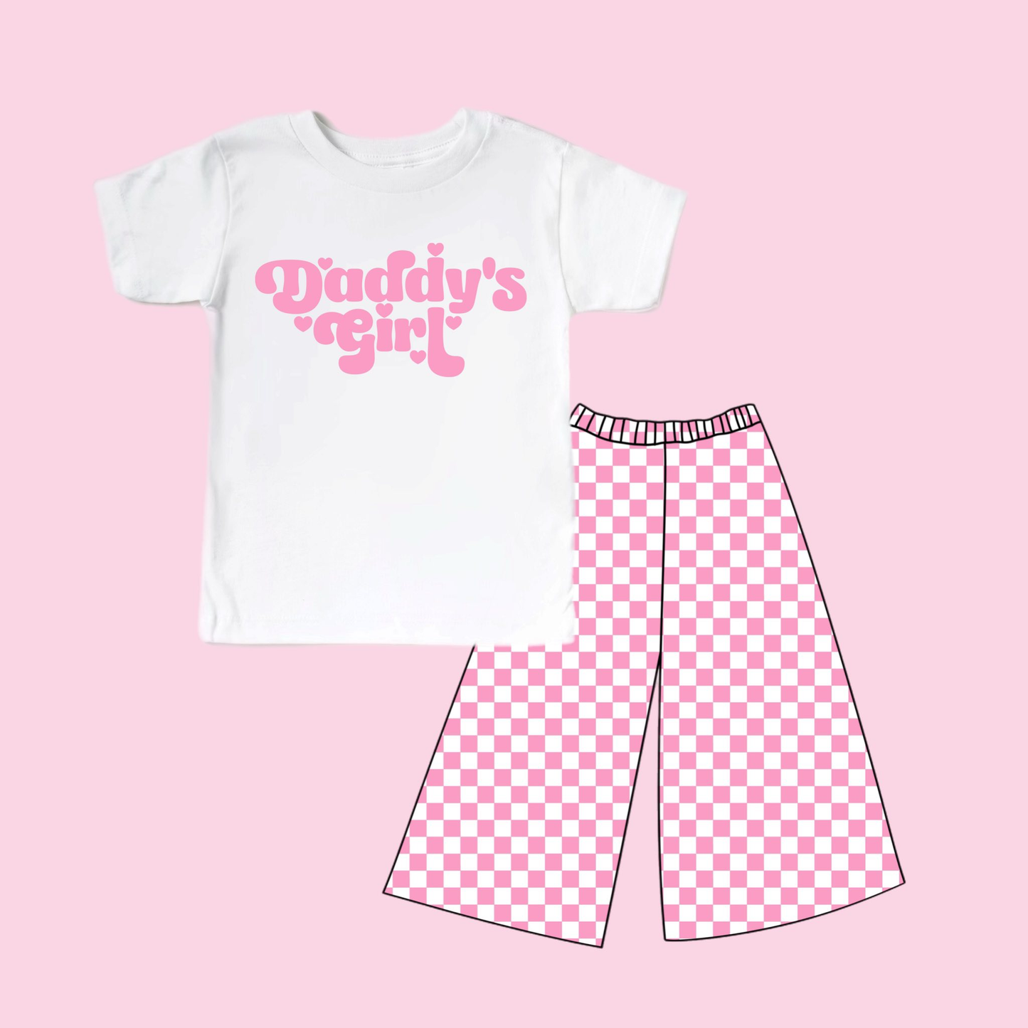 C12.12 GSPO2257 Baby Girls Daddy's Girl Heart Top Pink Checked Flare Pants Clothes Sets Preorder