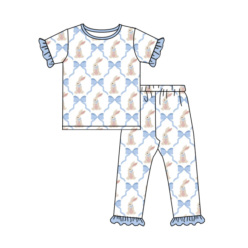 C12.13 GSPO2260 Baby Girls Bows Rabbits Checked Top Ruffle Pants Easter Pajamas Set Preorder