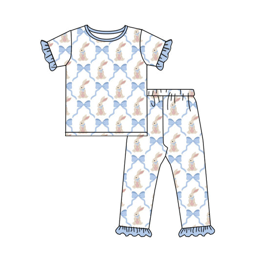 C12.13 GSPO2260 Baby Girls Bows Rabbits Checked Top Ruffle Pants Easter Pajamas Set Preorder