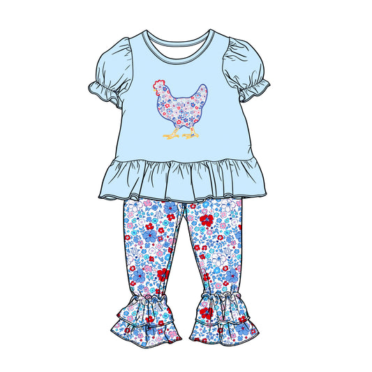 C12.15 GSPO2261 Baby Girls Colorful Floral Chick Tunic Ruffle Pants Farm Clothes Set Preorder