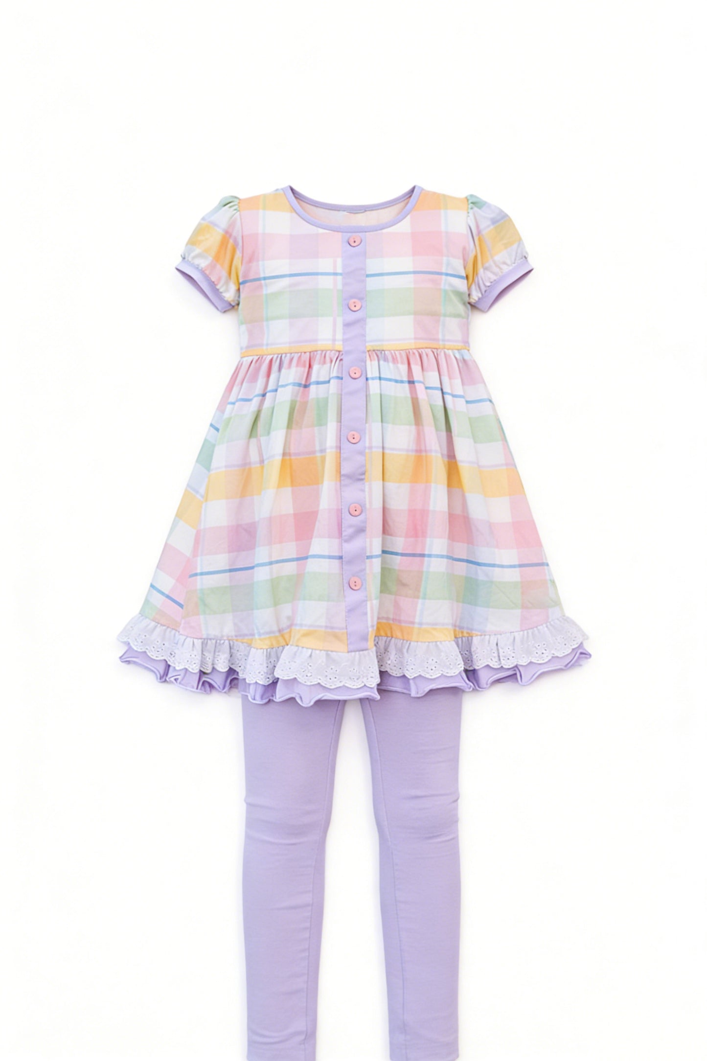 C12.13 GSPO2262 Baby Girls Colorful Checked Button Ruffle Tunic Legging Pants Clothes Set Preorder
