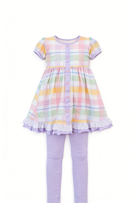 C12.13 GSPO2262 Baby Girls Colorful Checked Button Ruffle Tunic Legging Pants Clothes Set Preorder