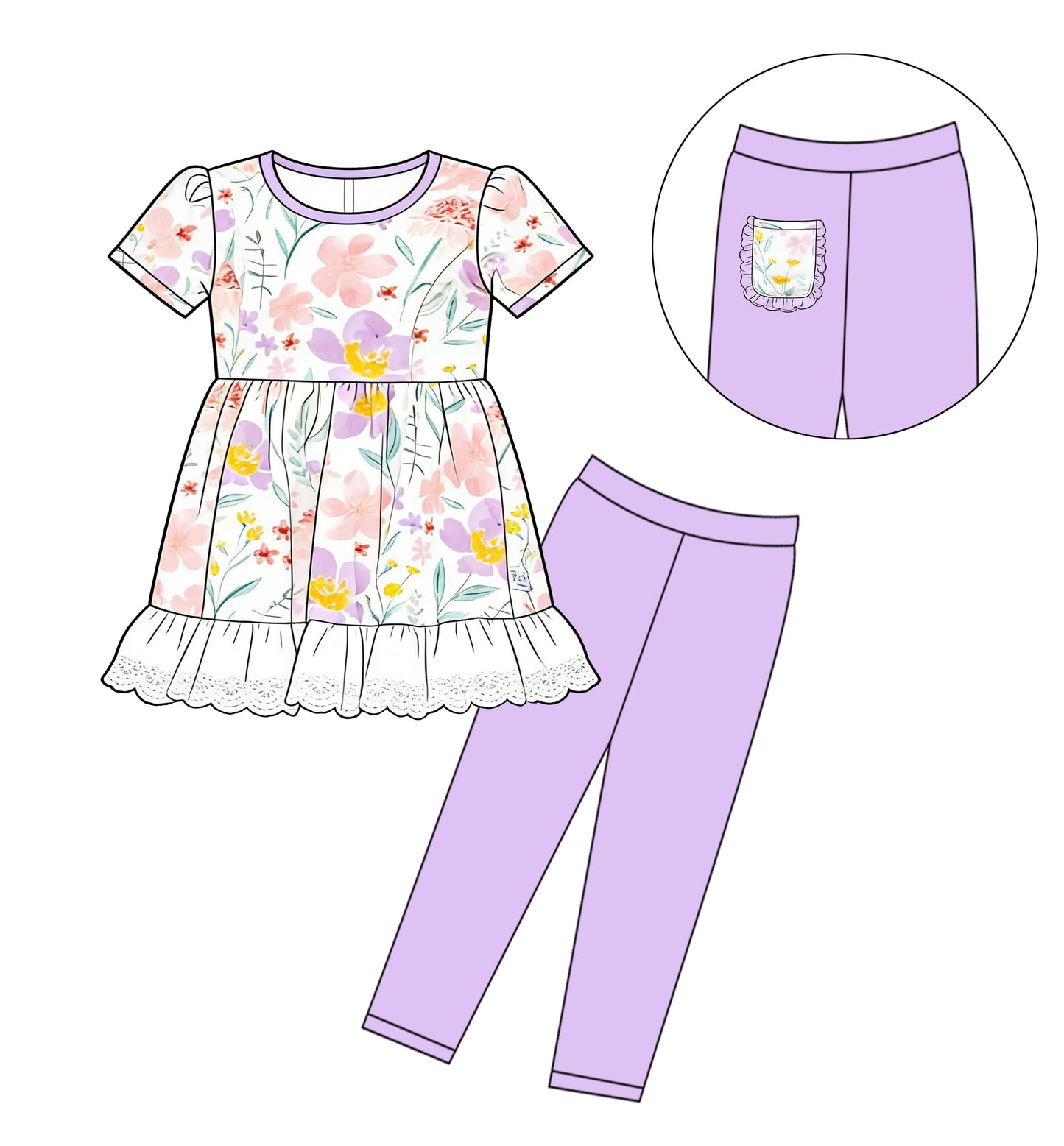C12.13 GSPO2263 Baby Girls Colorful Floral Ruffle Tunic Legging Pants Clothes Set Preorder
