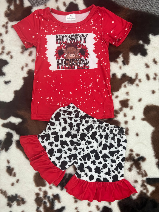 GSSO0043 Baby Girls Red Howdy Heifer Top Red Shorts Clothes Set