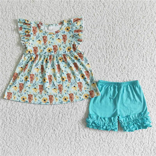 GSSO0106 Girls Alpine Cow Flower Flying Sleeve Shorts Suit