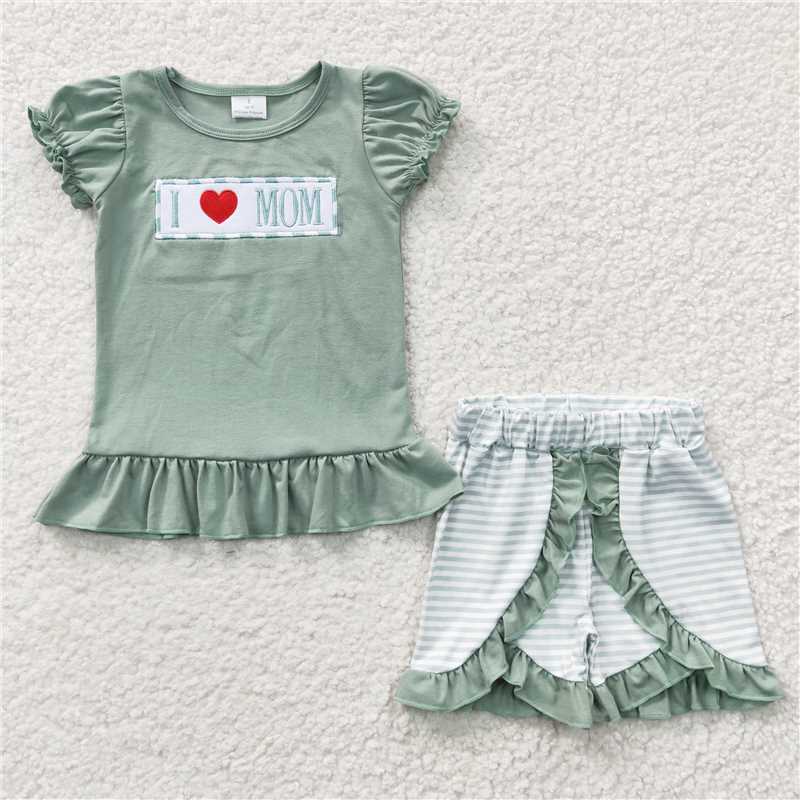 Boys and girls embroidered love MOM green short-sleeved shorts suit collection