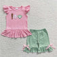 Boys and girls blue and pink embroidered baseball flying sleeves green plaid short-sleeved suit combination 