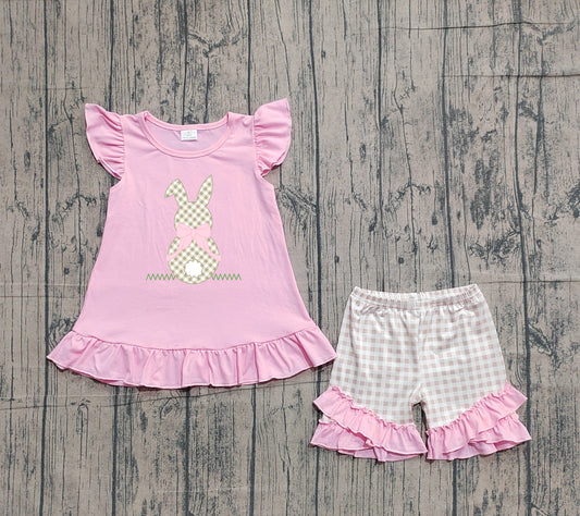 Sample GSSO0374 Cute Embroidery Rabbits Baby Girls Pink Shirts Checked Ruffle Shorts Easter Clothes Sets