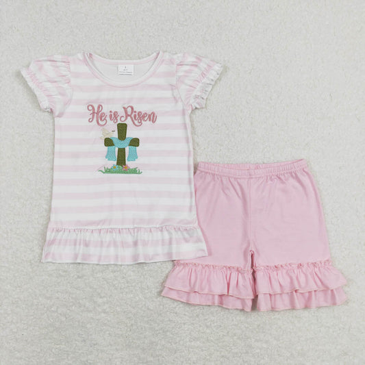 GSSO0382he is risen embroidered cross pink and white striped short-sleeved shorts