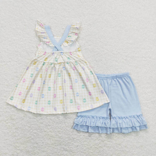 GSSO0420 Easter egg blue bow yellow and white plaid short-sleeved shorts