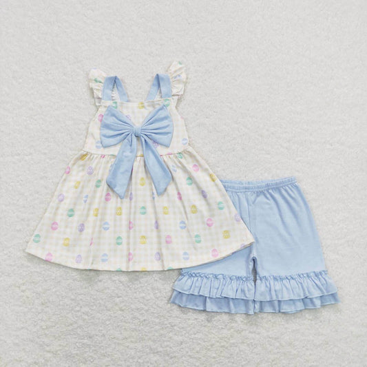 GSSO0420 Easter egg blue bow yellow and white plaid short-sleeved shorts