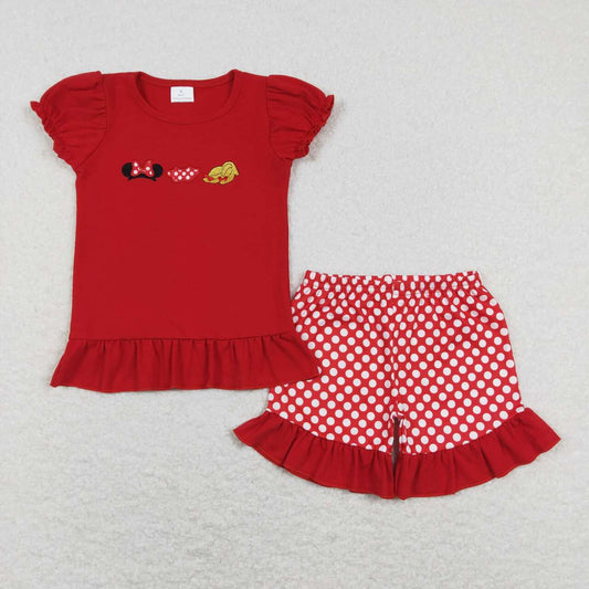 GSSO0450 Embroidery Bow  Clothes Red Short Sleeve Shorts