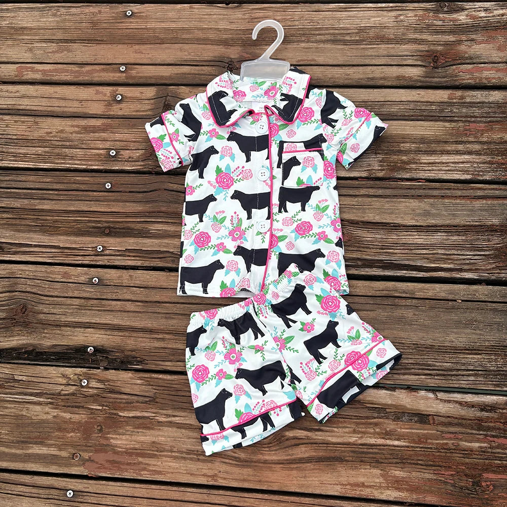 6 Colors Western Girls Boys Button Up Pajamas Sets 8.11