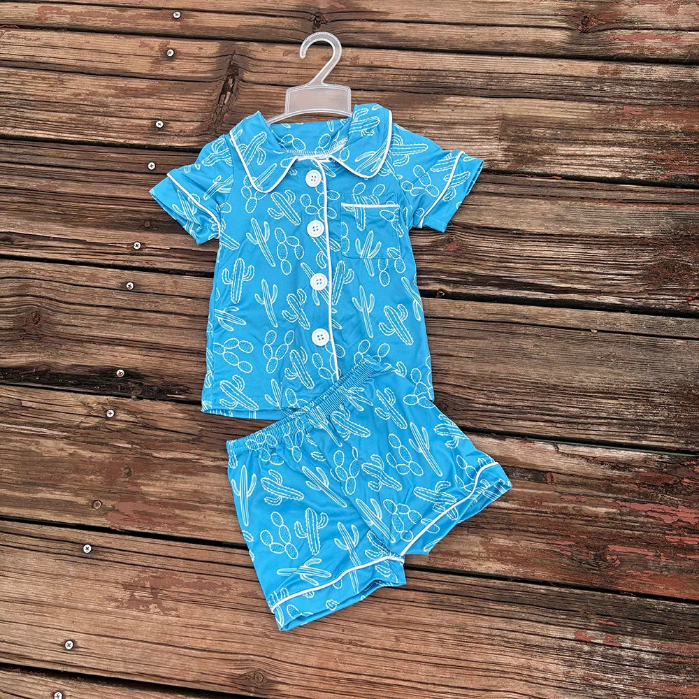 6 Colors Western Girls Boys Button Up Pajamas Sets 8.11