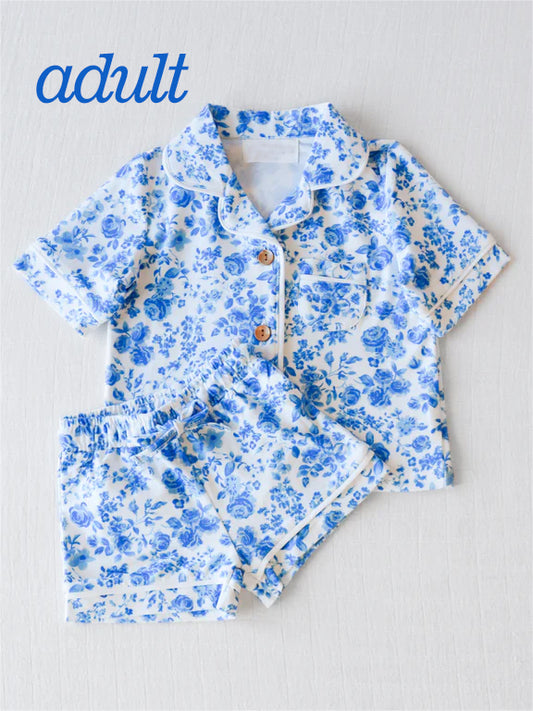 GSSO1148Adult Blue Color Flowers Short Sleeve Buttons Tee Shorts Pajamas Sets Preorder