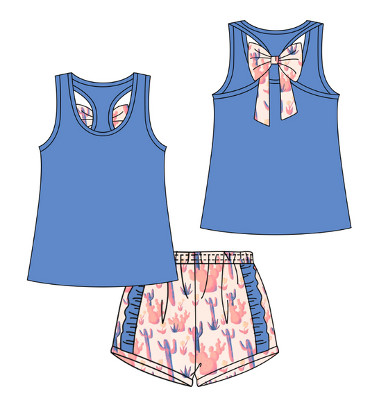 GSSO1201 Girls cactus bow sleeveless shorts set for pre-sale