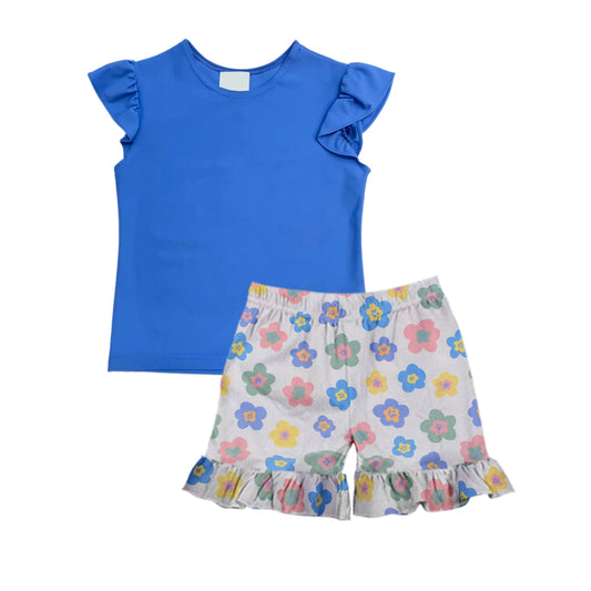 GSSO1202 Girls Solid color Blue flying sleeve color flower shorts set for pre-sale