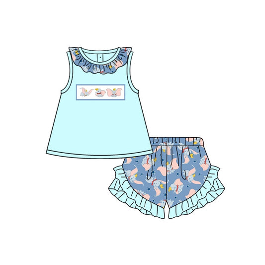 GSSO1203 Girls cartoon elephant Blue lace sleeveless shorts set for pre-sale