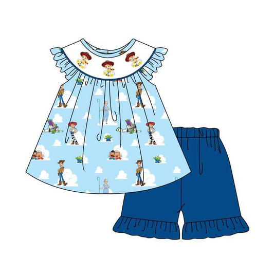 GSSO1204 girls cartoon white cloud short sleeve navy blue shorts set pre-sale