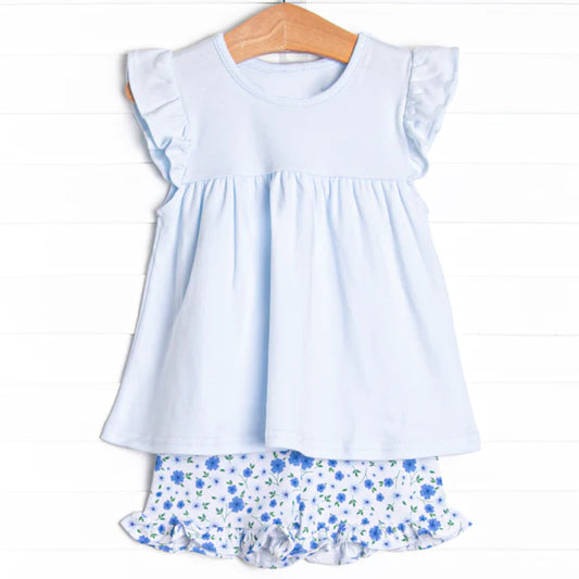 GSSO1206 Girls solid color flying sleeve blue floral shorts set for pre-sale