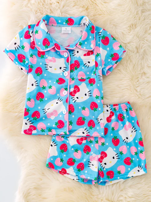 GSSO1711 Baby Girls Cat Strawberry Buttons Shirt Shorts Pajamas Clothes Sets Preorder