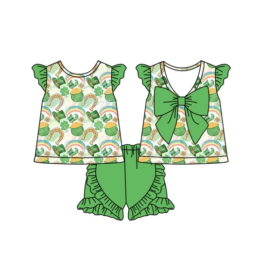 GSSO1713 Baby Girls St Patrick Day Qautrefoil Bow Tunic Shorts Clothes Sets Preorder