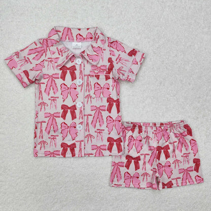 Mama and Me Colorful Bows Pocket Button Top Shorts Pajamas Sets C11.14