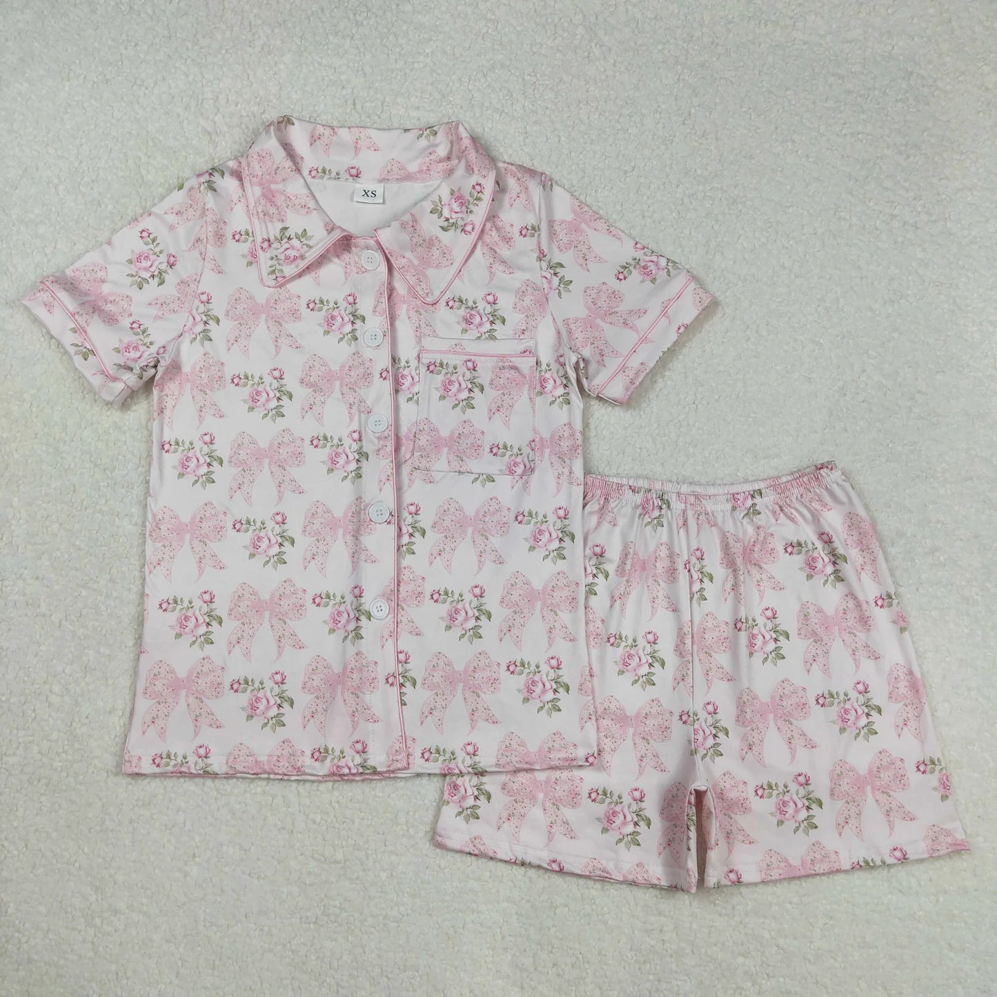 Mama and Me Colorful Bows Pocket Button Top Shorts Pajamas Sets C11.14