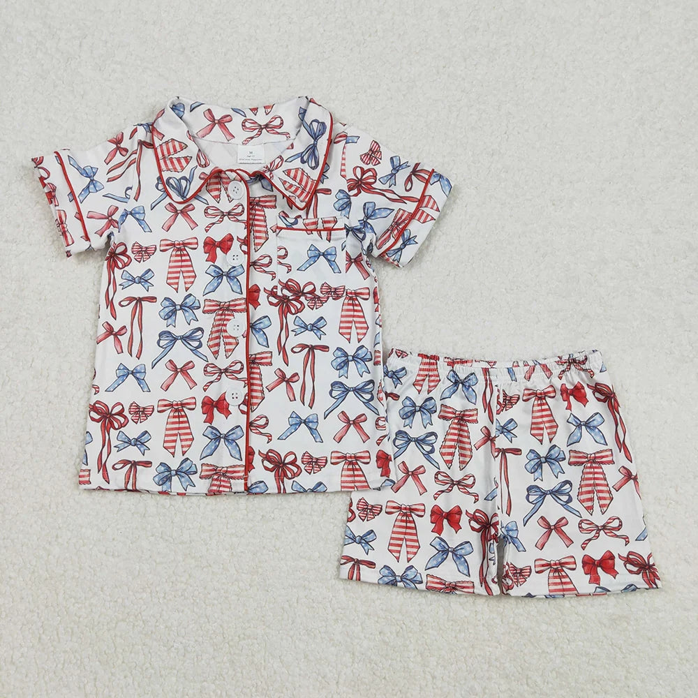 Sibling Baby Girls Bows Button Top Short 4th Of July Pajamas Sets 5.17