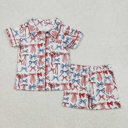 Sibling Baby Girls Bows Button Top Short 4th Of July Pajamas Sets 5.17