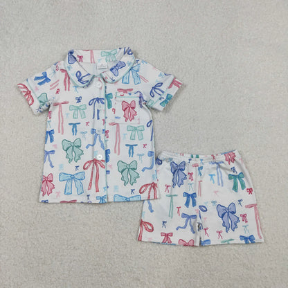 Mama and Me Colorful Bows Pocket Button Top Shorts Pajamas Sets C11.14