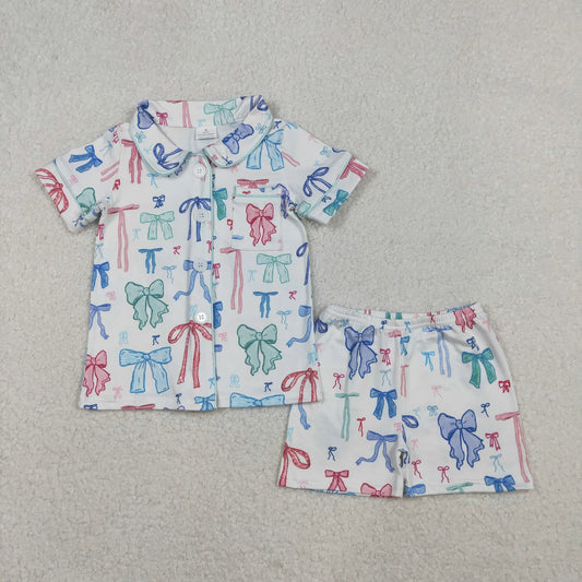 Mama and Me Colorful Bows Pocket Button Top Shorts Pajamas Sets C11.14