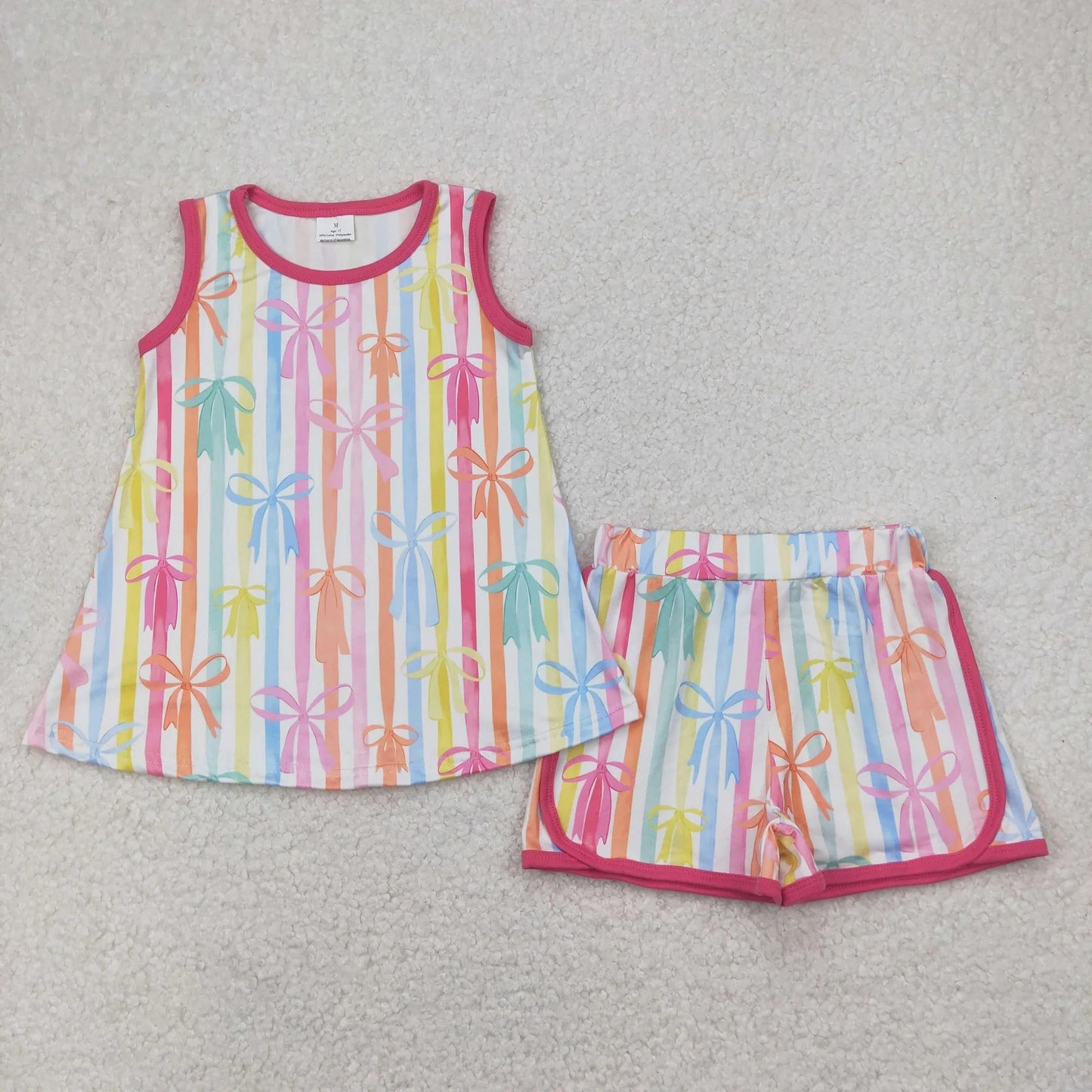Sibling Baby Girls Sleeveless Colorful Stripe Bows Top Shorts Sets 5.6