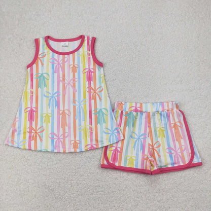Sibling Baby Girls Sleeveless Colorful Stripe Bows Top Shorts Sets 5.6