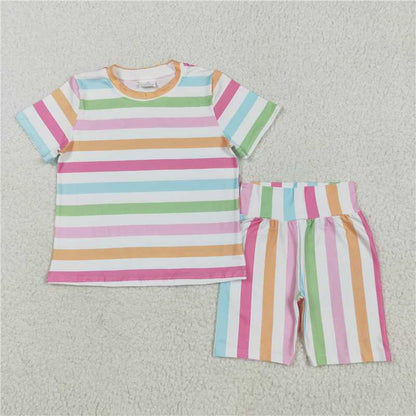 Sibling Baby Girls Colorful Stripe Floral Shirt Short Summer Clothes Sets 6.6