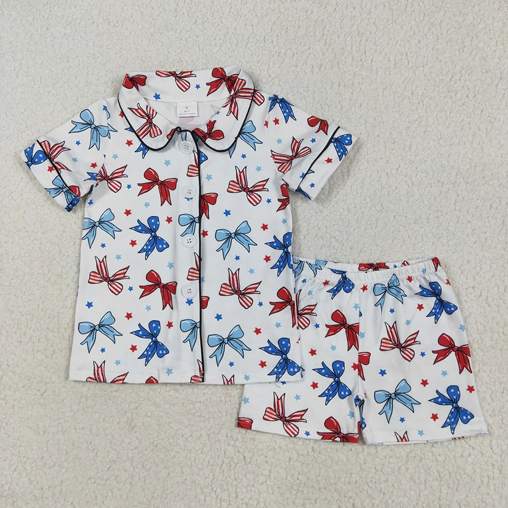 Sibling Baby Girls Bows Button Top Short 4th Of July Pajamas Sets 5.17