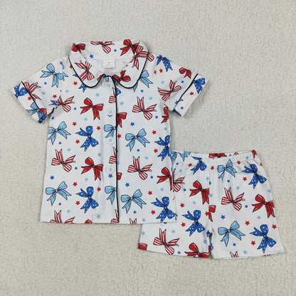 Sibling Baby Girls Bows Button Top Short 4th Of July Pajamas Sets 5.17
