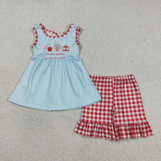 Sibling Baby Boys Girls Blue Tops Red Plaid Shorts Clothes Rompers Sets RTS