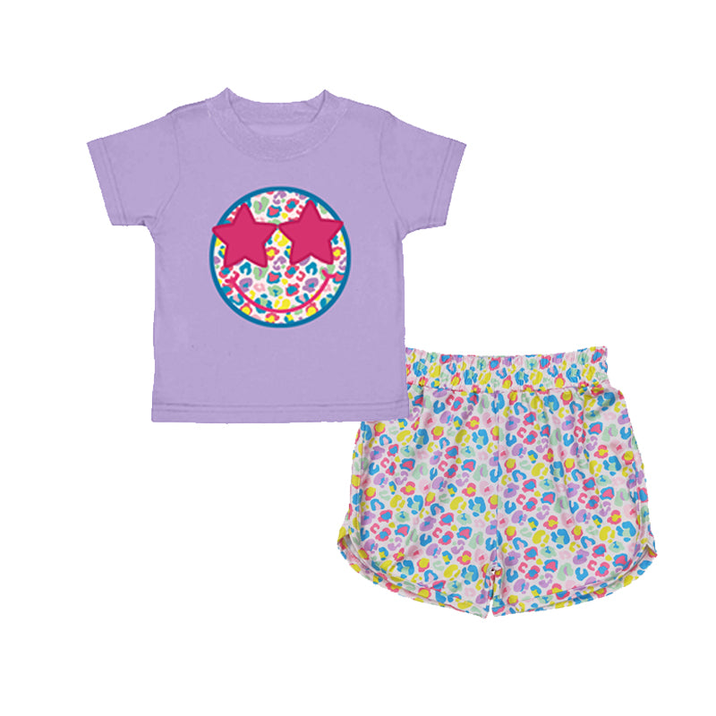 4.8 GSSO2562 Baby Girls Lavender Short Sleeves Smile Top Colorful Leopard Short Set Preorder