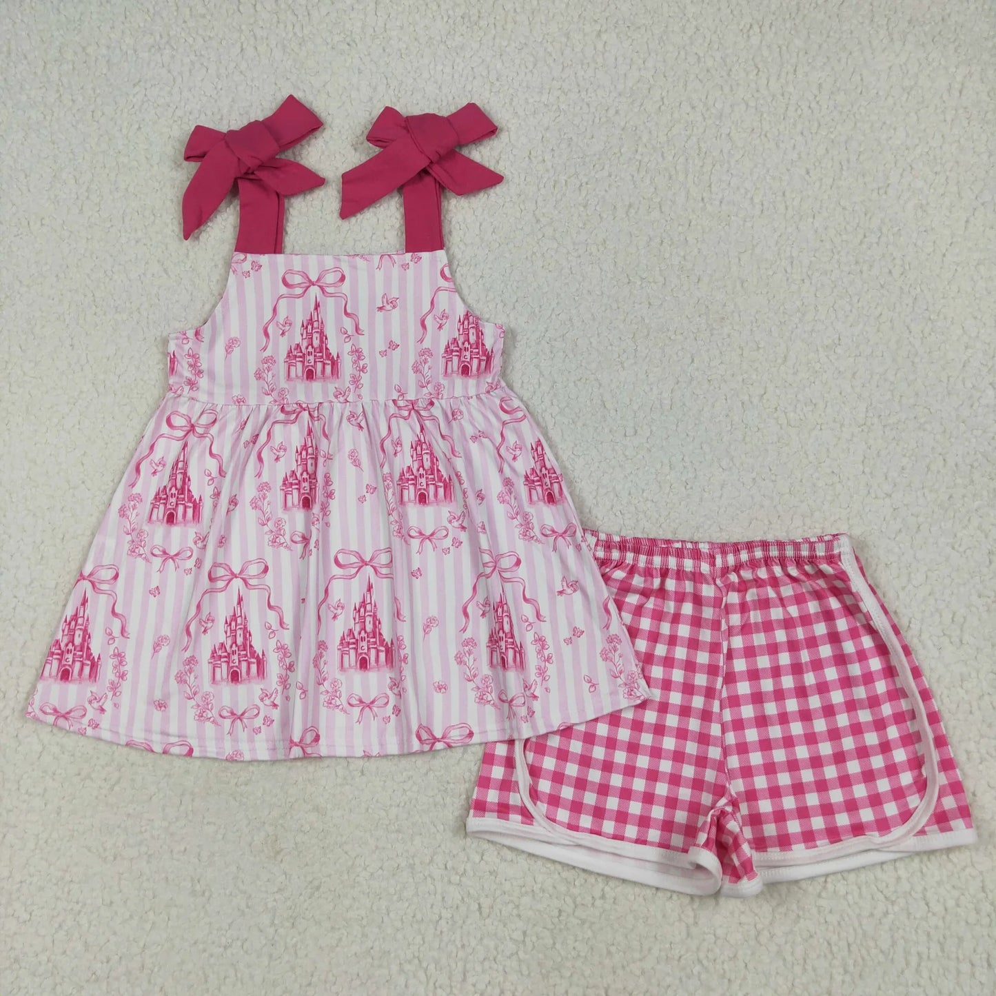 Sibling Castles Bows Checked Clothes Sets Knee Length Dress Rompers C12.2
