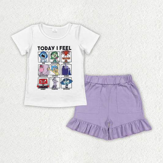 GT0674+SS0561 Baby Girls Today I Feel Cartoon Top Ruffle Pockets Shorts Clothes Set 6.10