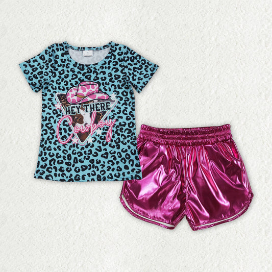 GT0934+SS0414 Baby Girls Blue Leopard Cowboy Tops Hot Pink Leather Shorts Clothes Set 6.26
