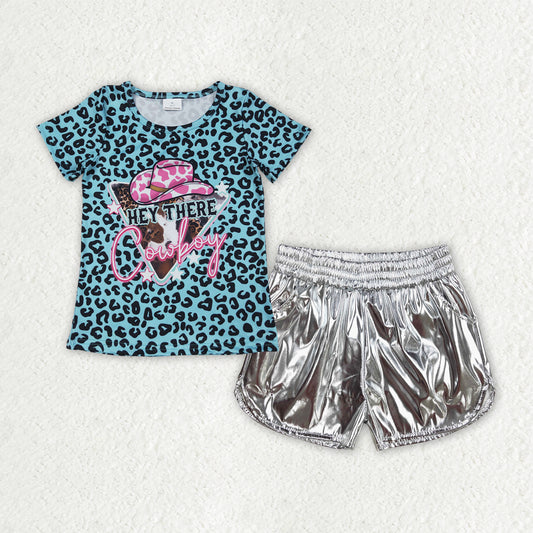 GT0934+SS0416 Baby Girls Blue Leopard Cowboy Tops White Leather Shorts Clothes Set 6.26
